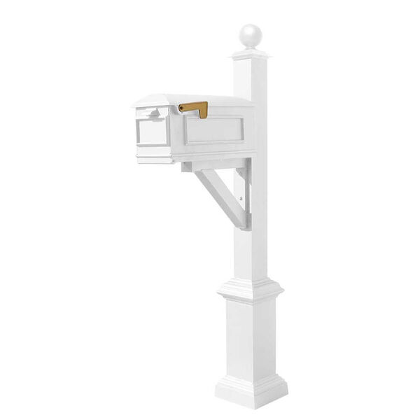 Westhaven White Support Bracket Square Base and Large Ball Finial Mounted Mailbox Post, image 1