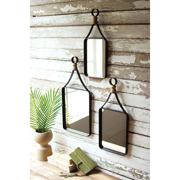 Black Metal Framed Mirrors with Wooden Ball Detail, Set of 3, image 1