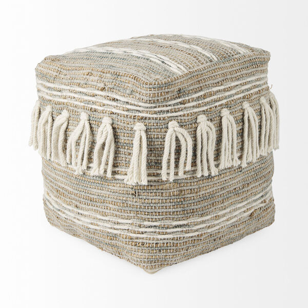 Avni Cream and Brown Hemp and Wool Fringed Pouf, image 3