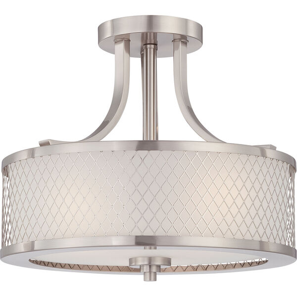Nicollet Brushed Nickel Three-Light Drum Semi-Flush Mount with Frosted Glass Shade, image 1