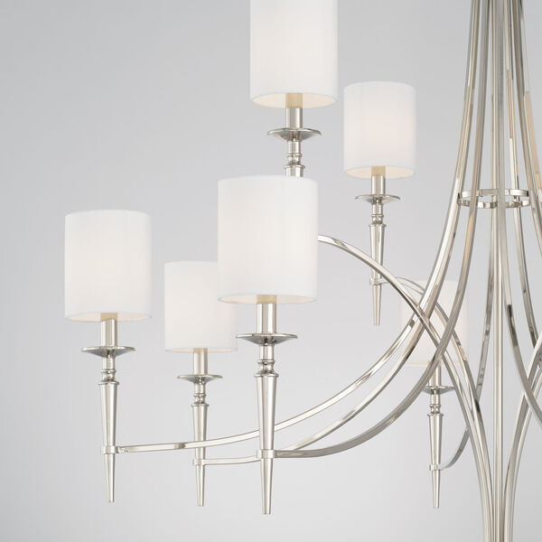 Abbie Polished Nickel and White 12-Light Chandelier with White Fabric Stay Straight Shades, image 4