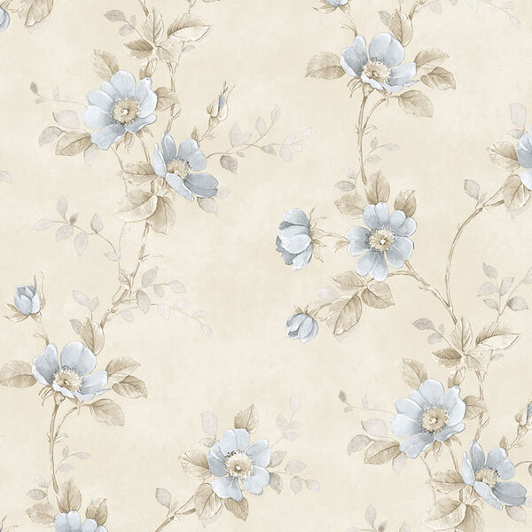 Poppy Blue and Beige Floral Wallpaper, image 1