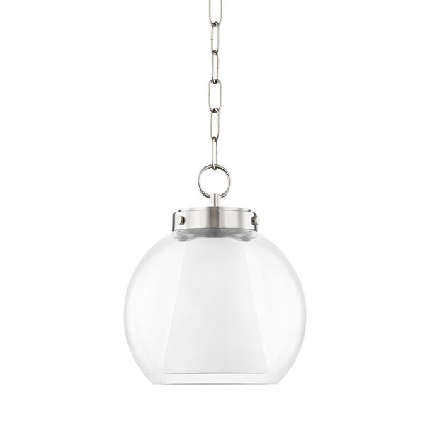 Sasha Polished Nickel 12-Inch LED Globe Pendant with Belgian Linen Inner Shade, image 1