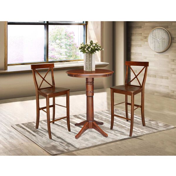 Espresso Round Pedestal Bar Height Table with X-Back Stools, 3-Piece, image 2