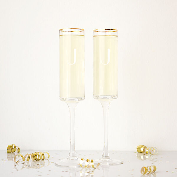 Personalized 8 oz. Gold Rim Contemporary Champagne Flutes, Letter J, Set of 2, image 1