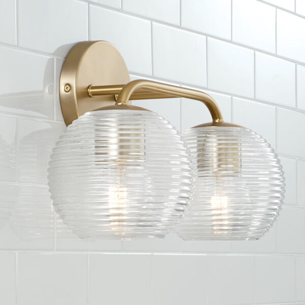 Dolan Matte Brass Two-Light Bath Vanity with Clear Ribbed Glass, image 2