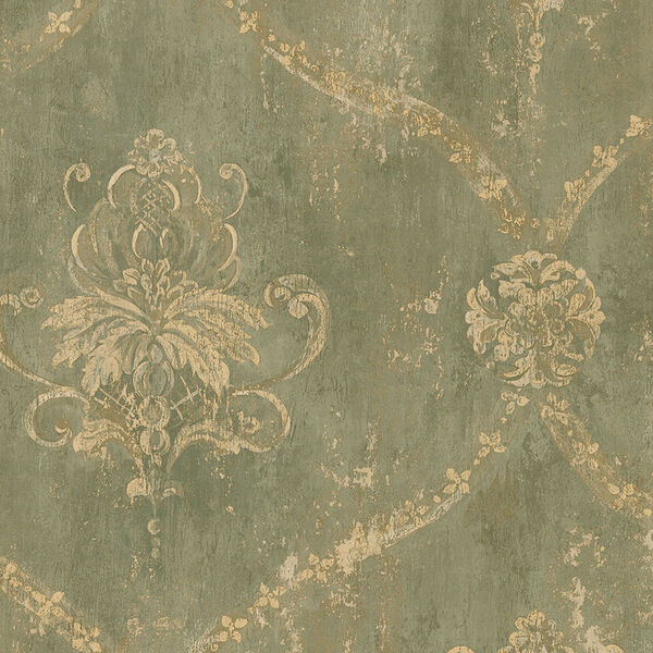 Regal Damask Green and Beige Wallpaper - SAMPLE SWATCH ONLY, image 1