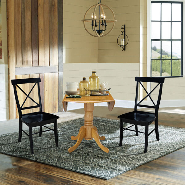 Oak and Black 42-Inch Dual Drop Leaf Dining Table with Two Cross Back Dining Chair, Three-Piece, image 6