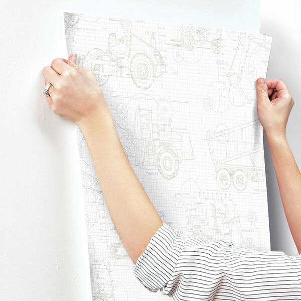 A Perfect World Neutral On White Construction Blueprint Wallpaper - SAMPLE SWATCH ONLY, image 3
