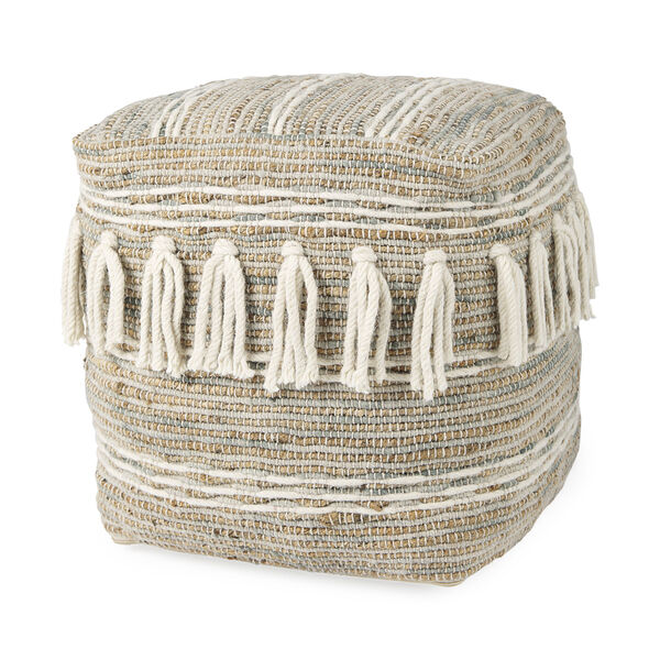Avni Cream and Brown Hemp and Wool Fringed Pouf, image 1