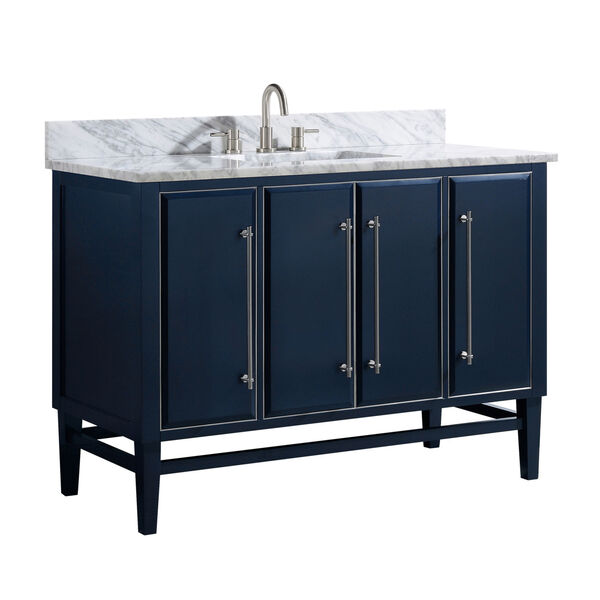 Navy Blue 49-Inch Bath vanity Set with Silver Trim and Carrara White Marble Top, image 2