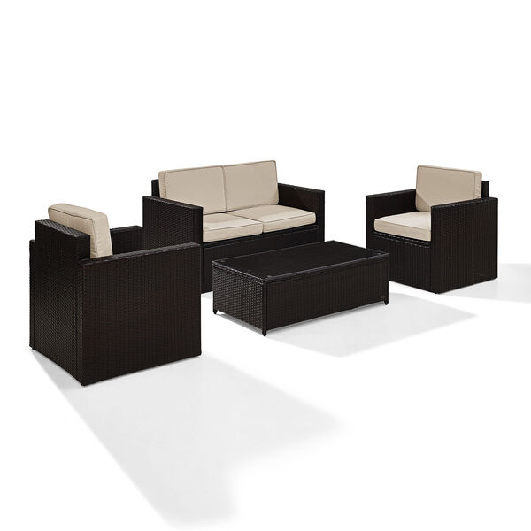 Palm Harbor 4 Piece Outdoor Wicker Seating Set With Sand Cushions - Loveseat, Two Chairs and Glass Top Table, image 2