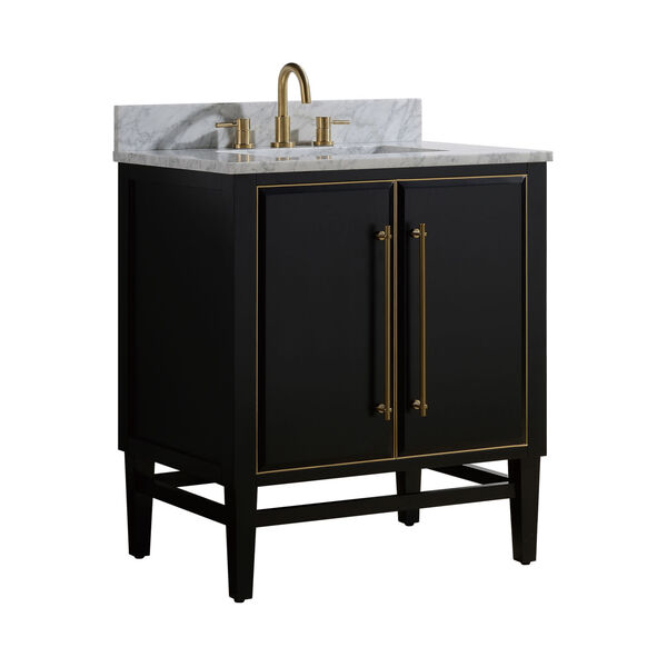 Black 31-Inch Bath vanity Set with Gold Trim and Carrara White Marble Top, image 2