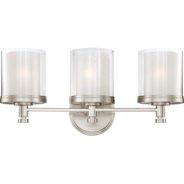 Decker Brushed Nickel Three-Light Vanity Fixture w/Clear &amp;amp;amp; Frosted Glass, image 1