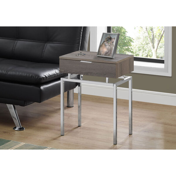 Dark Taupe and Chrome 13-Inch Accent Table with Storage Drawer, image 2
