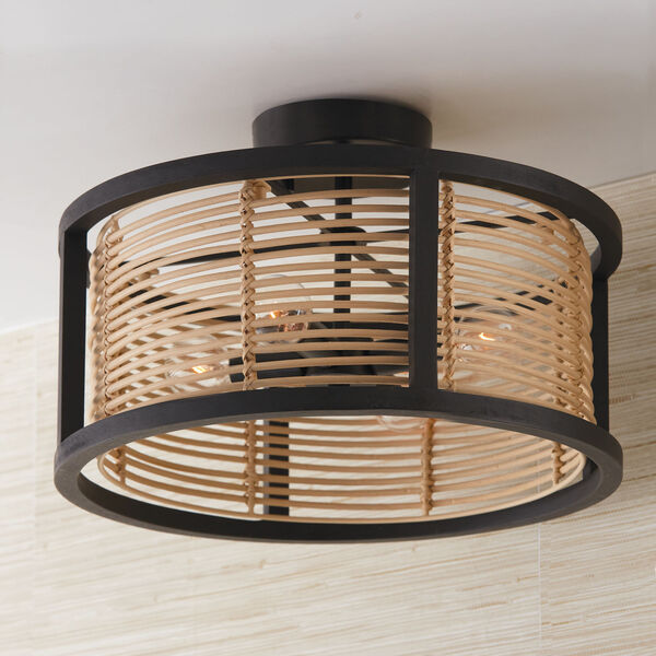 Rico Flat Black Four-Light Semi-Flush or Pendant Made with Handcrafted Mango Wood and Rattan, image 3