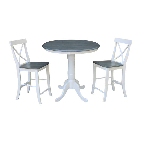 White and Heather Gray 36-Inch Round Pedestal Gathering Height Table With Two X-Back Counter Height Stools, Three-Piece, image 1