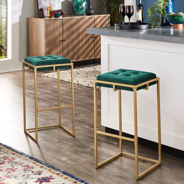 Minnie Gold and Green Velvet Button Tufted Bar Stool, Set of Two, image 6