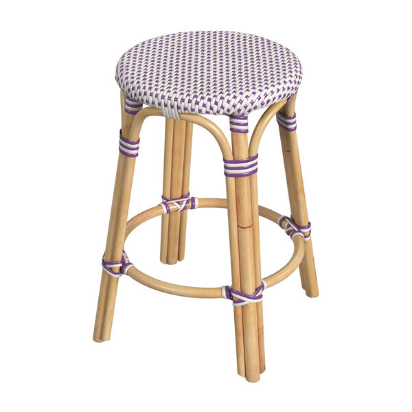Tobias White and Purple Dot on Natural Rattan Counter Stool, image 1