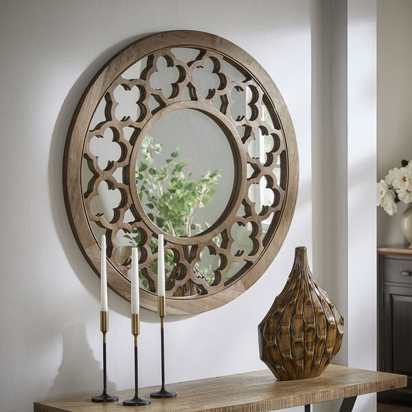 Wesley Wood Quatrefoil Cutout Round Wall Mirror, image 1