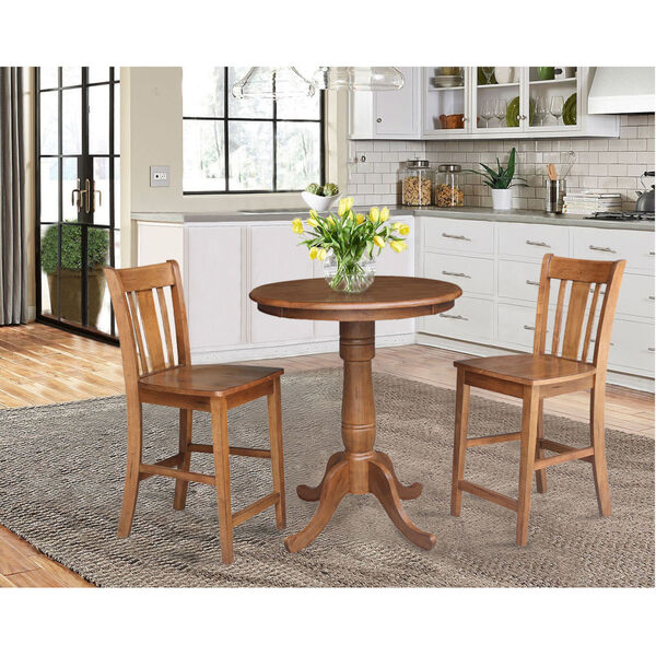 San Remo Distressed Oak 30-Inch Round Top Pedestal Gathering Table with Two Counter Height Stool, Set of Three, image 1
