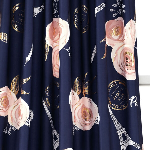 Vintage Paris Navy and White 52 x 84 In. Rose Butterfly Script Window Curtain Panel, Set of 2, image 3