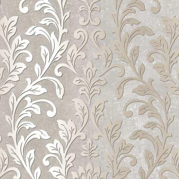 Silver Leaf Damask Grey and Taupe Wallpaper, image 1