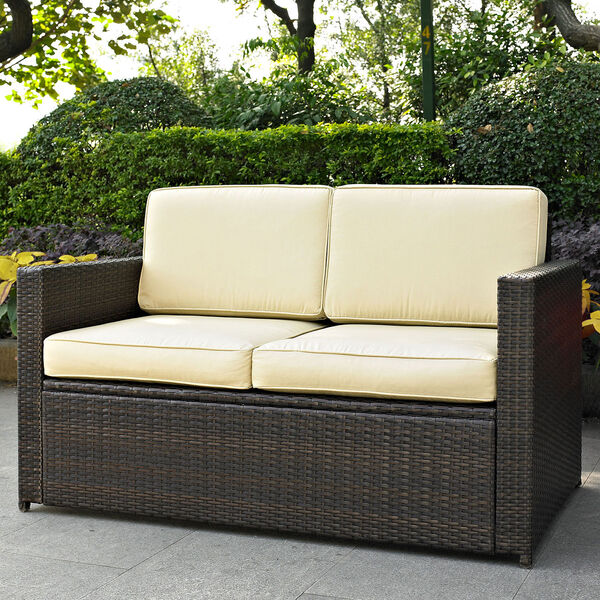 Palm Harbor 3 Piece Outdoor Wicker Seating Set With Sand Cushions - Loveseat, Chair and Glass Top Table, image 6