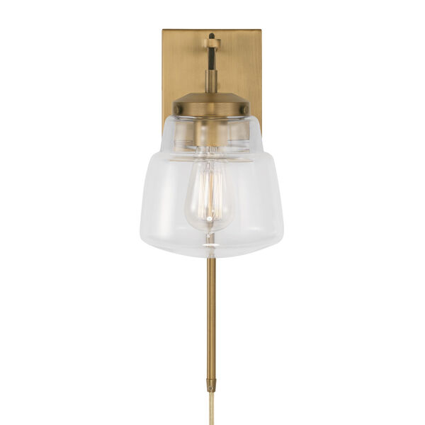 Dillon Aged Brass One-Light Dimmable Plug-In Wall Sconce with Clear Glass, image 2