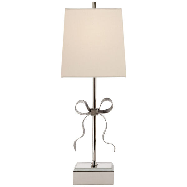 Ellery Gros-Grain Bow Table Lamp in Polished Nickel and Mirror with Cream Linen Shade by kate spade new york, image 1