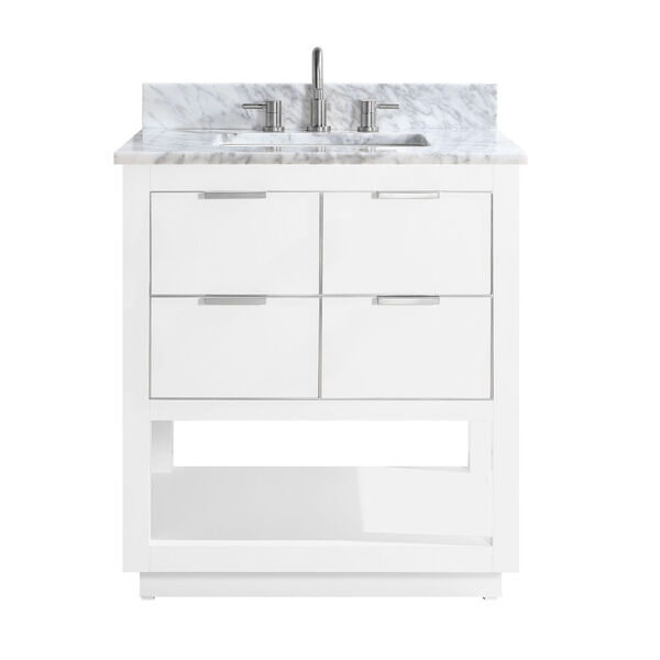 White 31-Inch Bath vanity with Silver Trim and Carrara White Marble Top, image 1