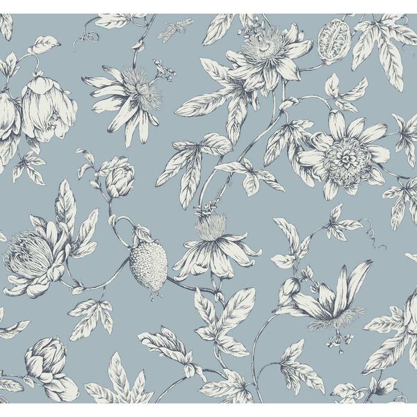 Passion Flower Toile Sky Blue Wallpaper, image 2