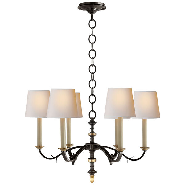 Channing Small Chandelier in Blackened Rust with Hand-Rubbed Antique Brass and Natural Paper Shades by Thomas O'Brien, image 1