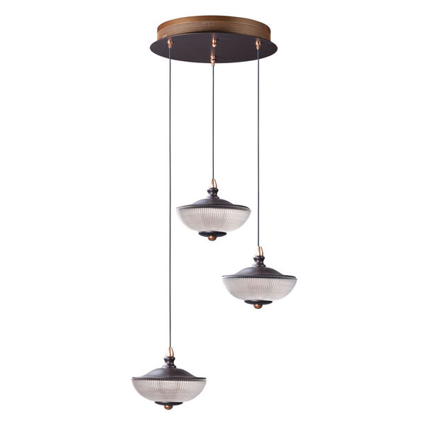 Bella Bronze and Gold Three-Light LED Multi-Light Pendant With Prismatic Clear Glass, image 1