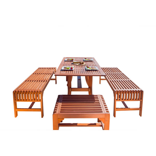 Malibu Outdoor 5-piece Wood Patio Dining Set with Curvy Leg Table and Backless Bench, image 1