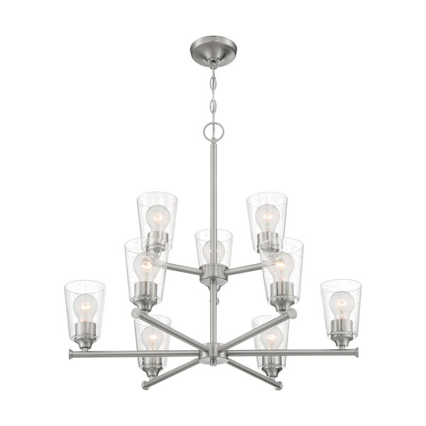 Bransel Brushed Nickel Nine-Light Chandelier with Clear Seeded Glass, image 1