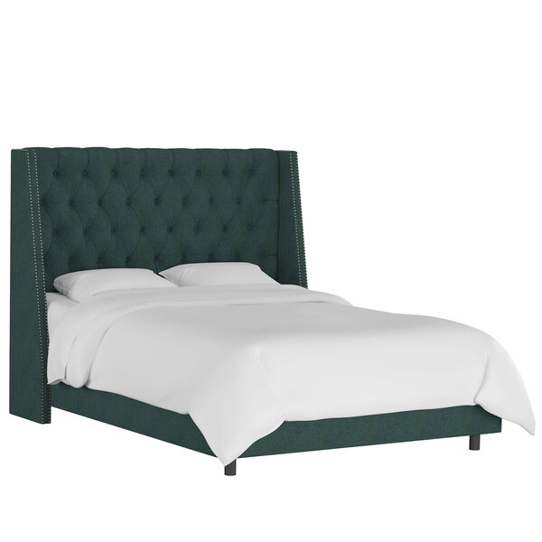 Full Linen Conifer Green 62-Inch Nail Button Tufted Wingback Bed, image 1