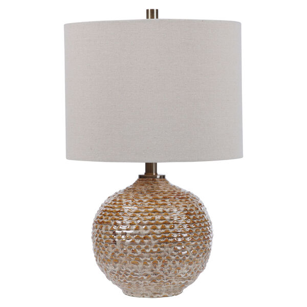 Lagos Brown and Light Brushed Brass One-Light Table Lamp with Round Drum Hardback Shade, image 2