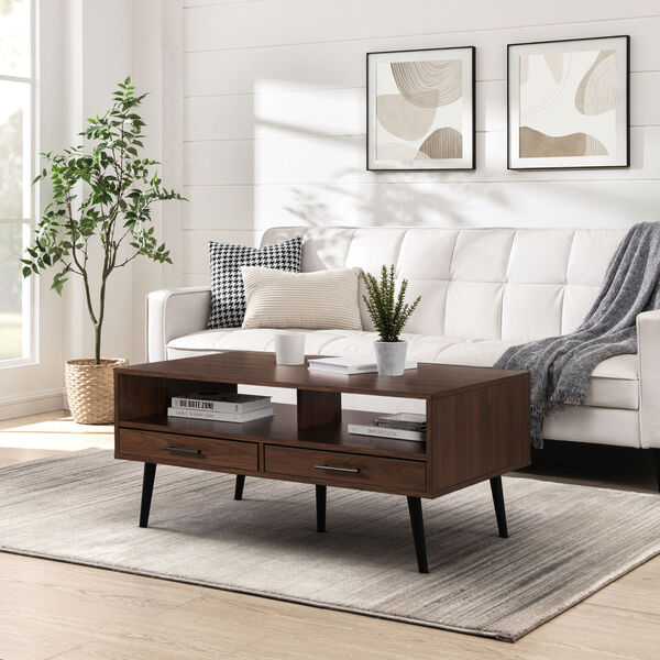 Nora Dark Walnut Coffee Table with Two-Drawers and Open Storage, image 4