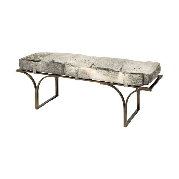 Jessie Gray and Brass Bench with Hair-On-Leather Seat, image 1