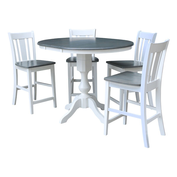 White and Heather Gray 36-Inch Round Extension Dining Table with Four Counter Stool, Five-Piece, image 1