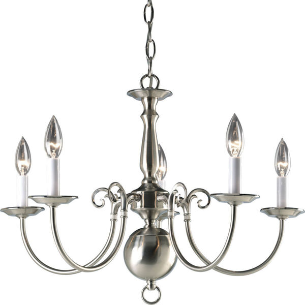 Americana Brushed Nickel Five-Light 23.5-Inch Chandelier with White Finish Candle Sleeves, image 1