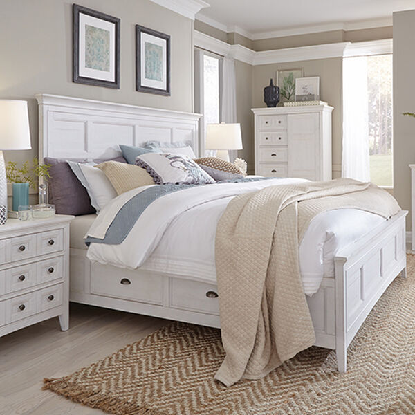 Heron Cove Relaxed Traditional Soft White King Panel Bed with Storage Rails, image 3