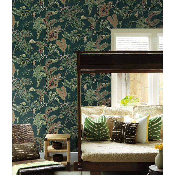 Ronald Redding Dark Green Jungle Cat Non Pasted Wallpaper - SWATCH SAMPLE ONLY, image 1