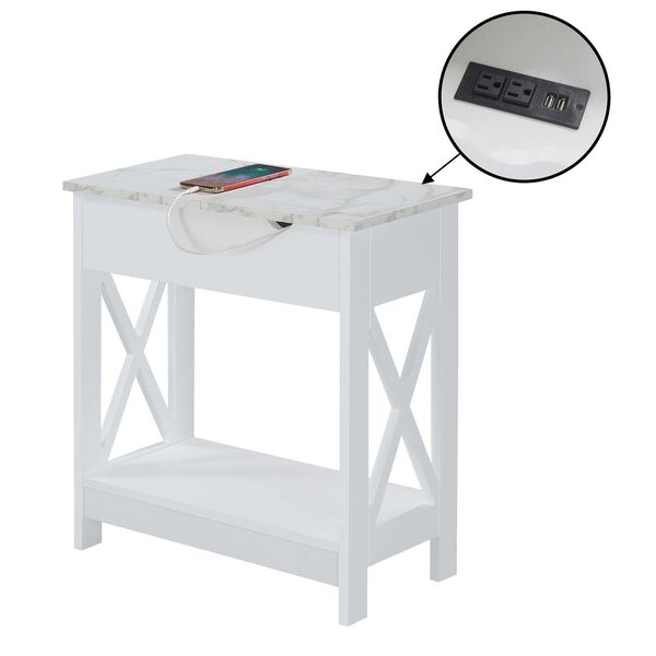 Oxford White Faux Marble White Flip Top End Table with Charging Station and Shelf, image 3