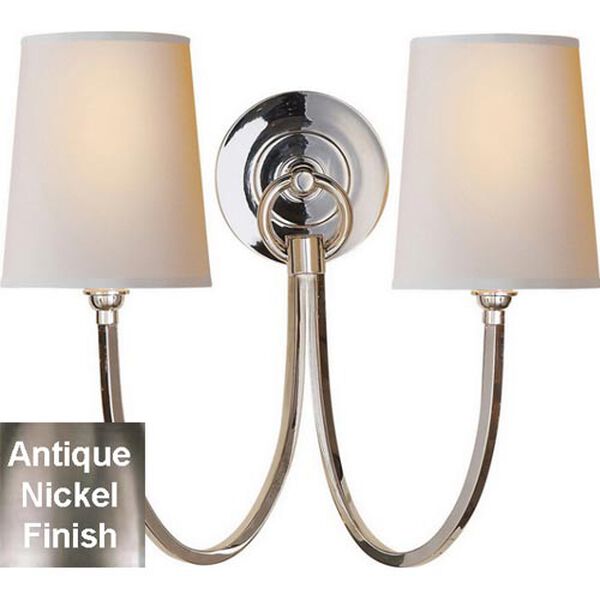 Reed Double Sconce in Antique Nickel with Natural Paper Shades by Thomas O'Brien, image 1
