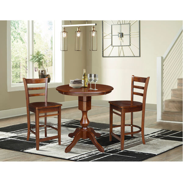 Espresso 30-Inch Round Pedestal Counter Height Table with Two Counter Stool, Three-Piece, image 1