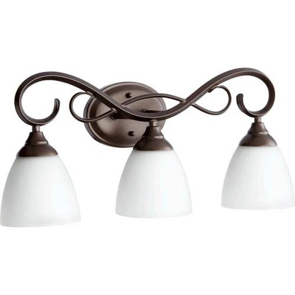 Powell Oiled Bronze Three Light Vanity Fixture with Satin Opal Glass, image 1