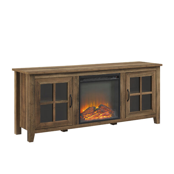 Rustic Oak Windowpane Glass Door Fireplace TV Stand, image 1