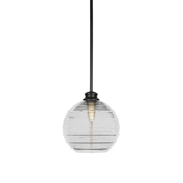 Malena Matte Black 10-Inch One-Light Stem Hung Pendant with Clear Ribbed Glass Shade, image 1
